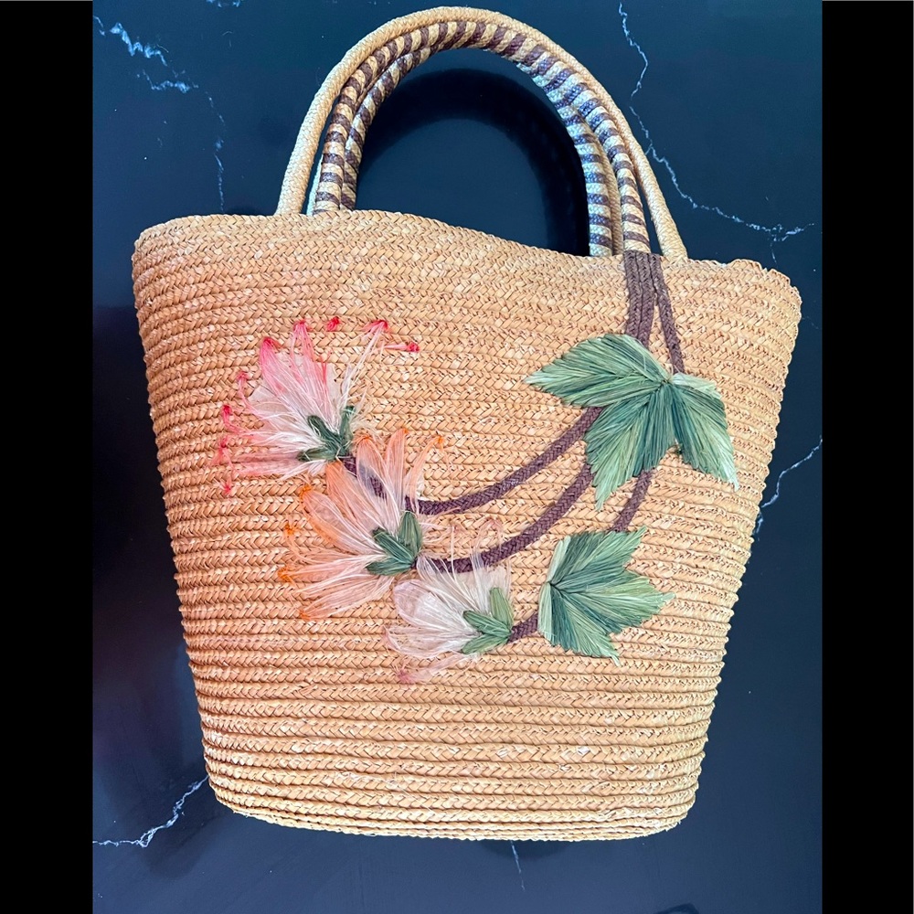 Fabulous vintage straw summer bag mimosa blossoms Palm Royale